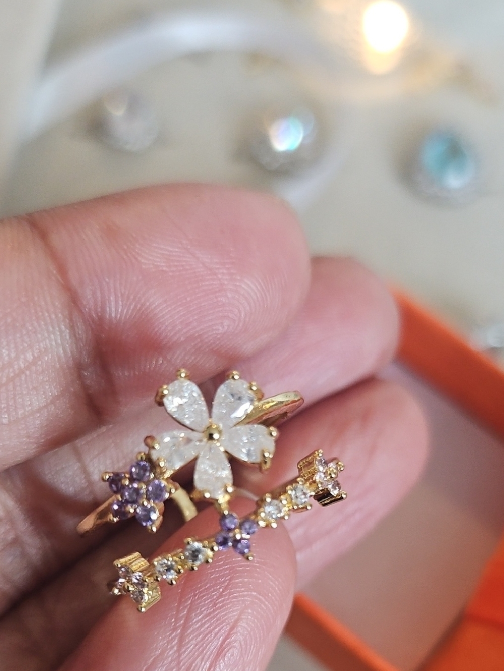 Gold Floral Crystal Ring with White and Purple Stones